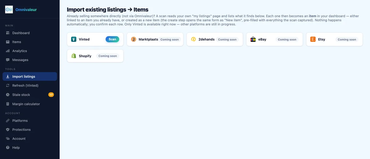 Omnivaleur bulk import screen pulling in existing listings from a marketplace