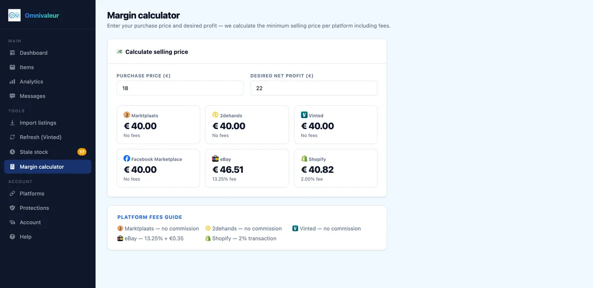 Omnivaleur margin calculator working out profit after platform fees and shipping