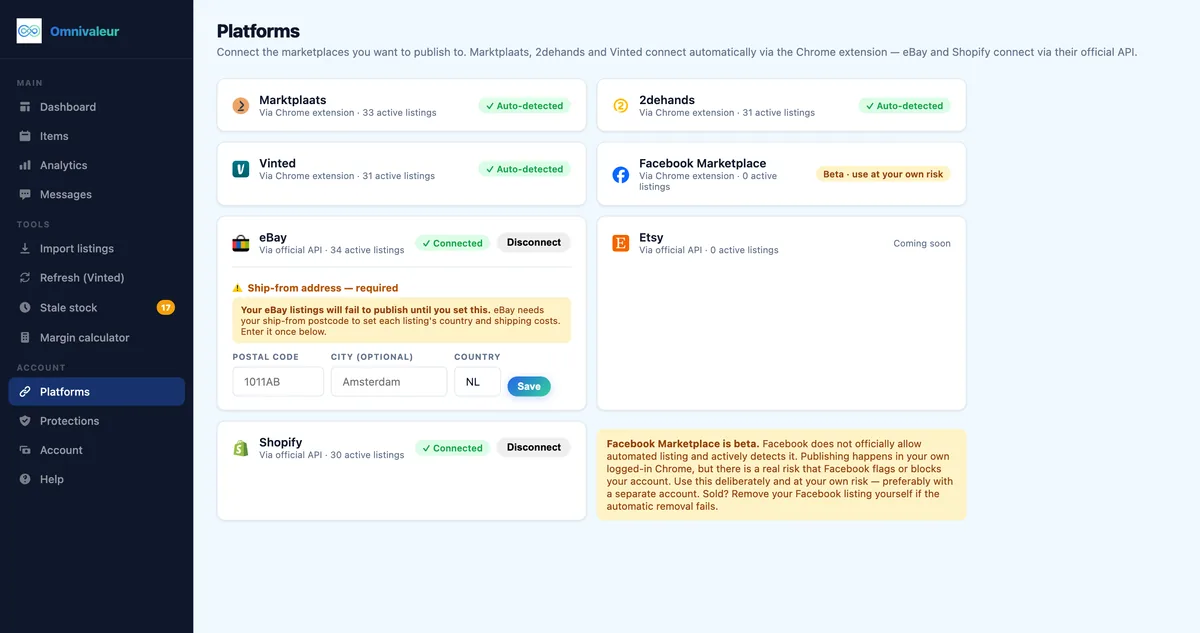 Omnivaleur-platformverbindingsscherm voor Marktplaats, 2dehands, Vinted, eBay, Etsy en Shopify