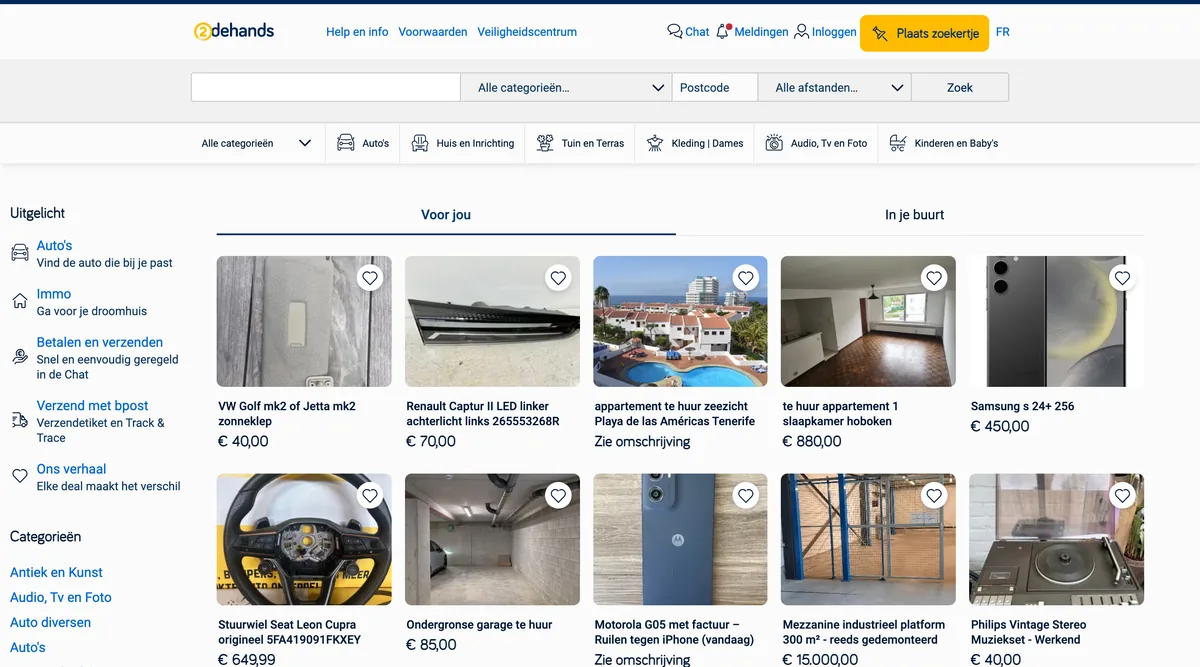 Screenshot van de 2dehands-marktplaatsinterface